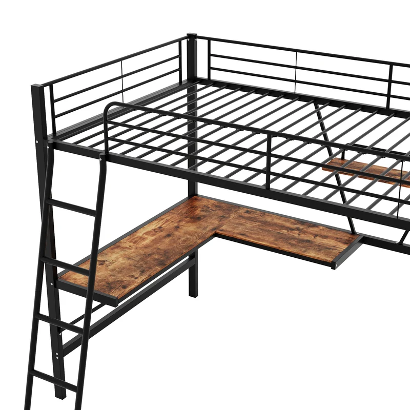 Lit mezzanine lit simple métallique noir avec bureau en L et étagère 90x200cm STOGZODS