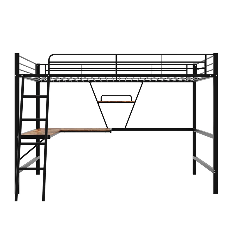 Lit mezzanine lit simple métallique noir avec bureau en L et étagère 90x200cm STOGZODS