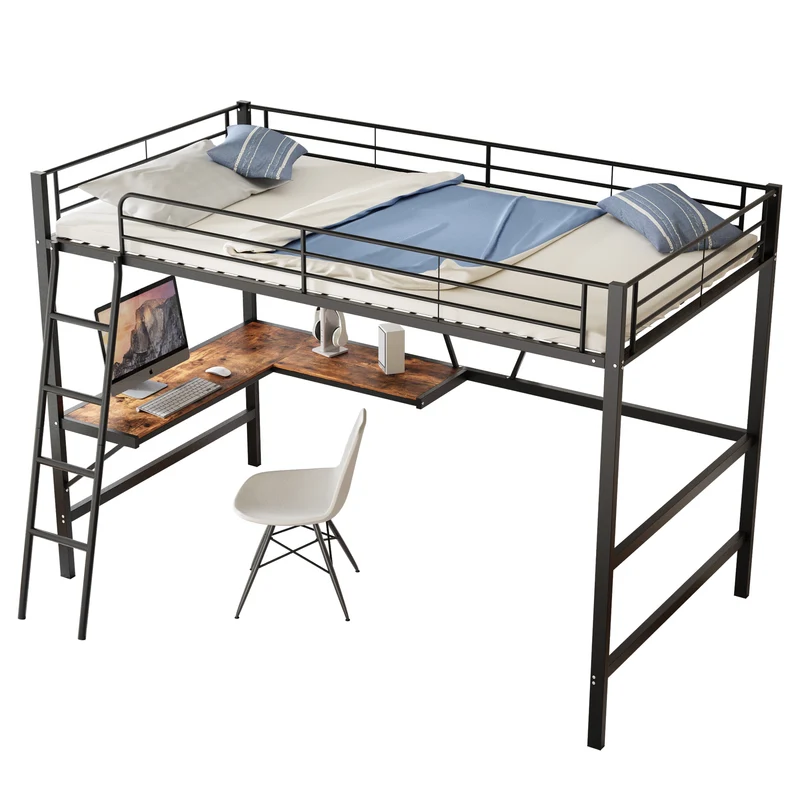Lit mezzanine lit simple métallique noir avec bureau en L et étagère 90x200cm STOGZODS