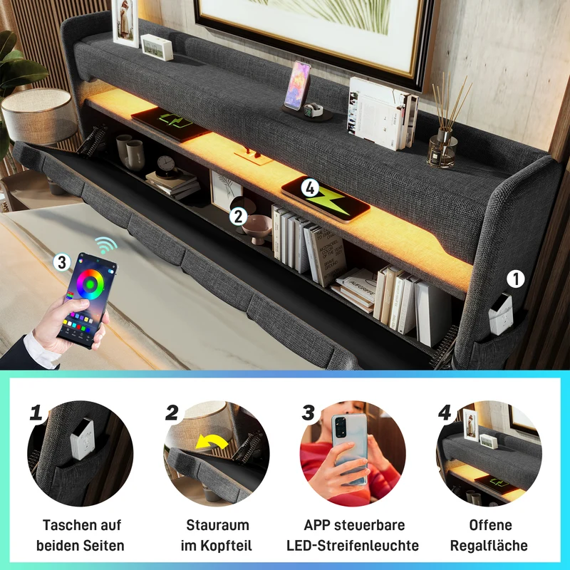 Lit coffre simple lin gris éclairage LED prise USB avec rangement NUCZOTS