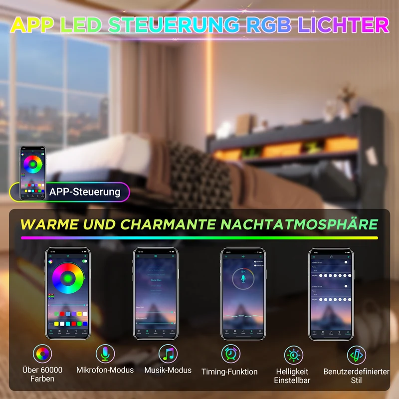 Lit coffre simple lin gris éclairage LED prise USB avec rangement NUCZOTS