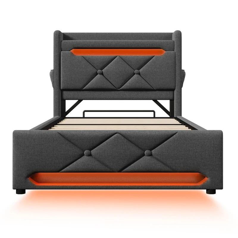 Lit coffre simple lin gris éclairage LED prise USB avec rangement NUCZOTS