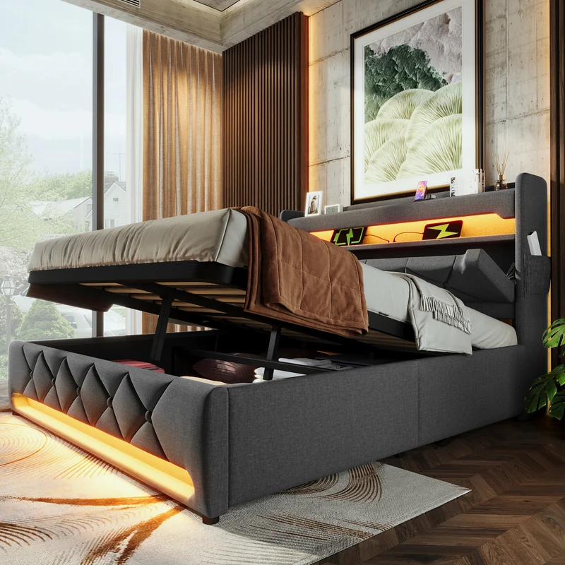 Lit coffre double lin gris éclairage LED avec chargeur et rangement 180x200cm King TRINCIDS