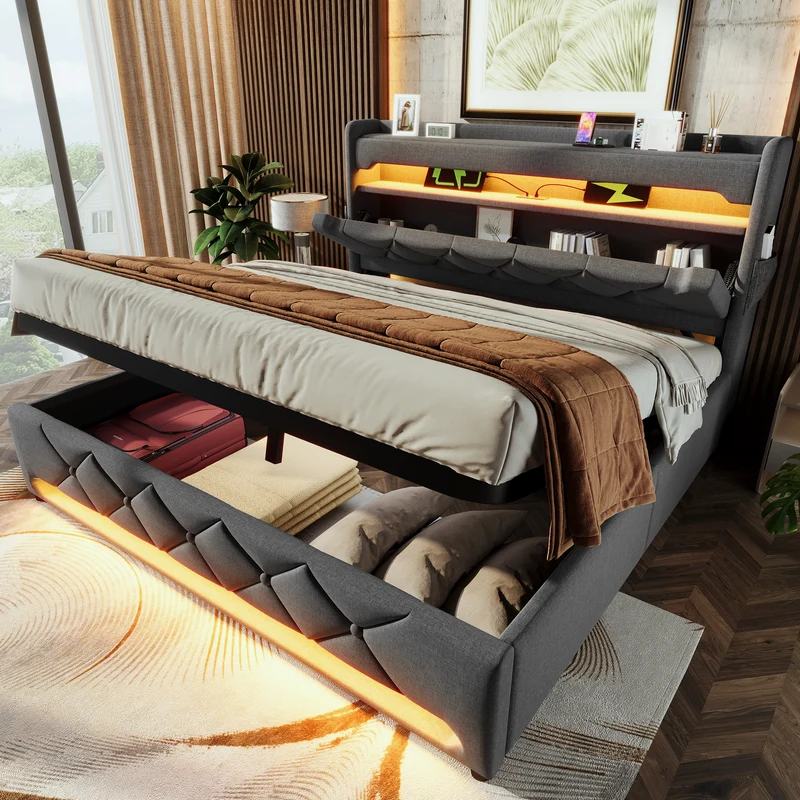 Lit coffre double lin gris éclairage LED avec chargeur et rangement 180x200cm King TRINCIDS