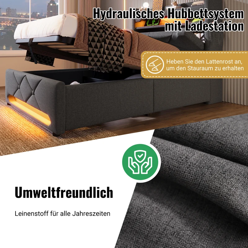 Lit coffre double lin gris éclairage LED avec chargeur et rangement 180x200cm King TRINCIDS