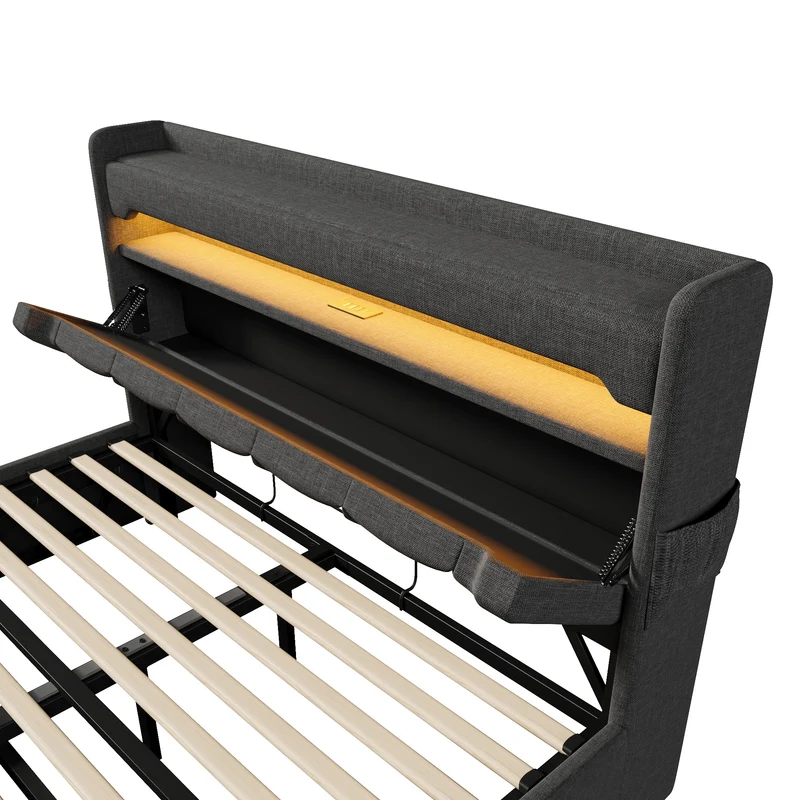 Lit coffre double lin gris éclairage LED avec chargeur et rangement 180x200cm King TRINCIDS