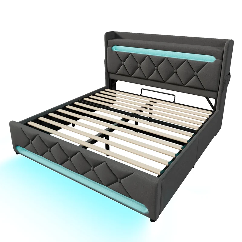 Lit coffre double lin gris éclairage LED avec chargeur et rangement 180x200cm King TRINCIDS