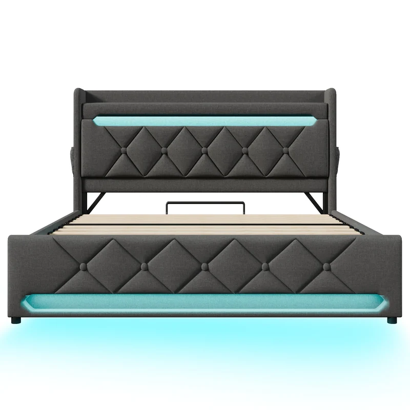Lit coffre double lin gris éclairage LED avec chargeur et rangement 180x200cm King TRINCIDS
