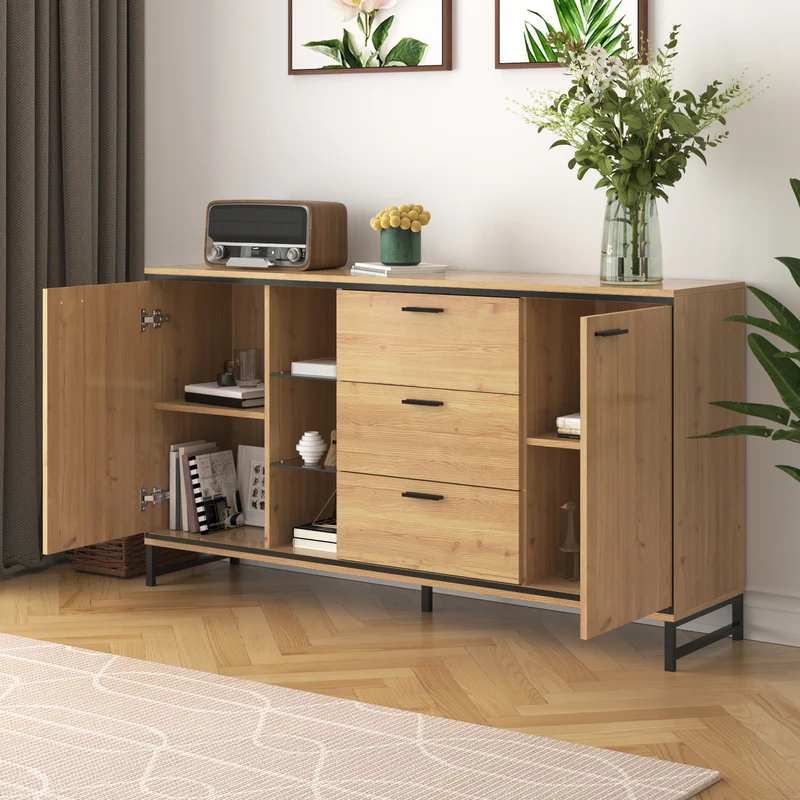 Buffet effet bois et noir 3 tiroirs, 3 niches et 2 portes avec éclairage LED UVAT