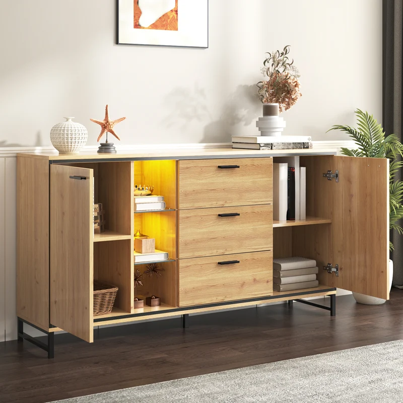Buffet effet bois et noir 3 tiroirs, 3 niches et 2 portes avec éclairage LED UVAT