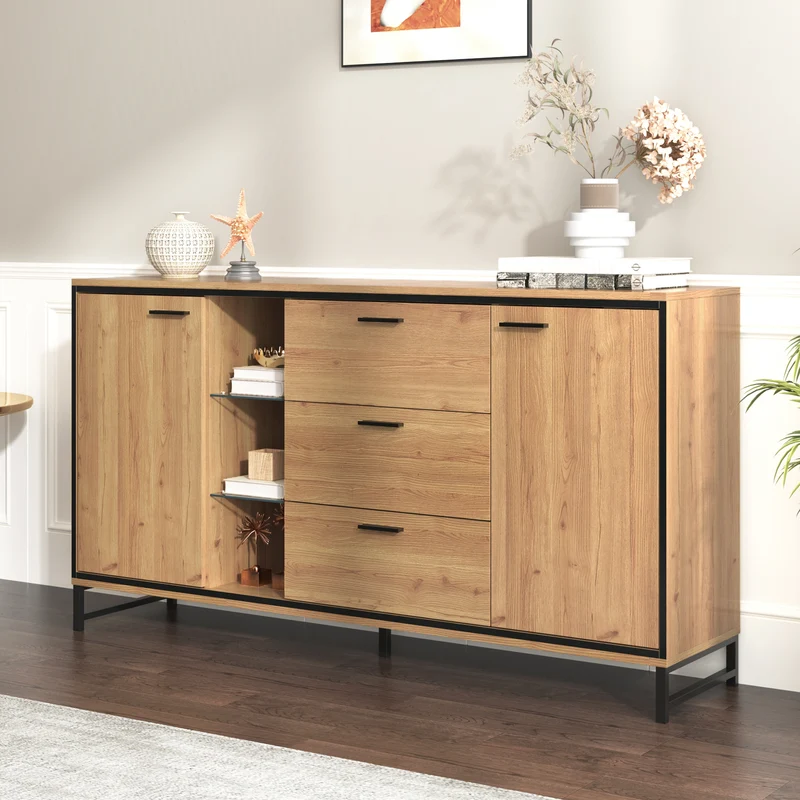 Buffet effet bois et noir 3 tiroirs, 3 niches et 2 portes avec éclairage LED UVAT