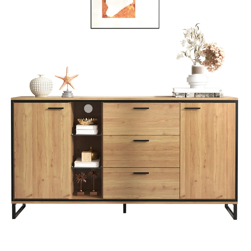 Buffet effet bois et noir 3 tiroirs, 3 niches et 2 portes avec éclairage LED UVAT