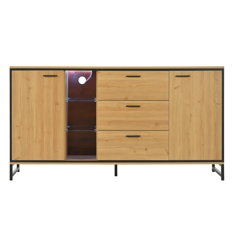 Buffet effet bois et noir 3 tiroirs, 3 niches et 2 portes avec éclairage LED UVAT