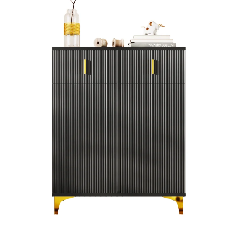 Buffet noir texturé avec détails dorés 2 tiroirs 2 portes SHEZA