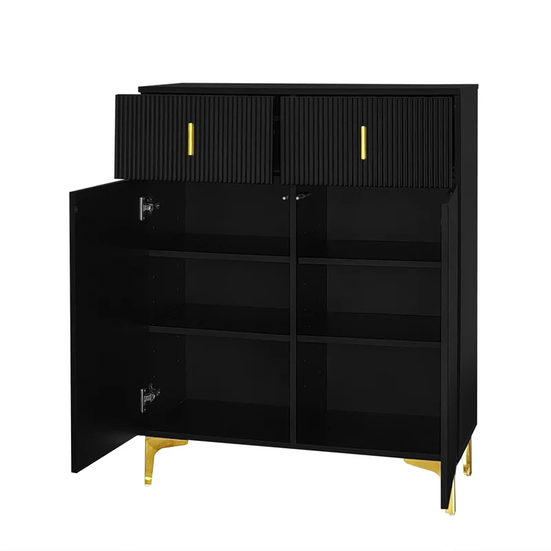 Buffet noir texturé avec détails dorés 2 tiroirs 2 portes SHEZA