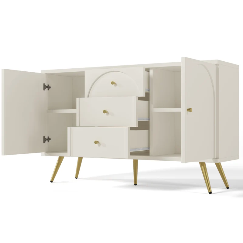 Buffet blanc crème 2 portes et 3 tiroirs poignés et pieds dorés H84/L140/P40cm SENPHOS