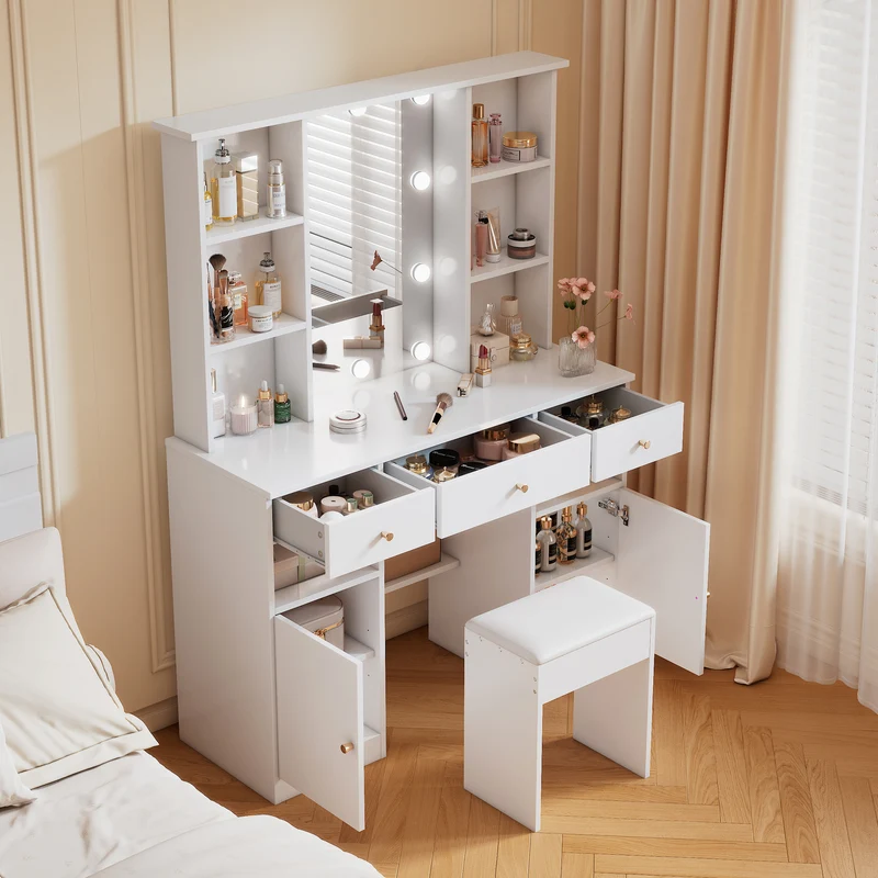 Coiffeuse blanc éclairage LED avec miroir et tabouret, 3 tiroirs, 2 portes 110x40x151cm VIGOURLN