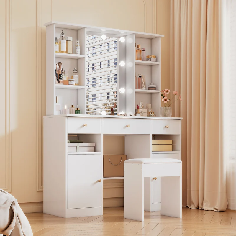 Coiffeuse blanc éclairage LED avec miroir et tabouret, 3 tiroirs, 2 portes 110x40x151cm VIGOURLN
