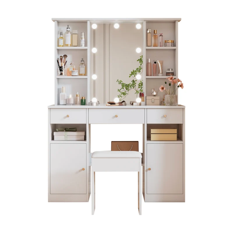 Coiffeuse blanc éclairage LED avec miroir et tabouret, 3 tiroirs, 2 portes 110x40x151cm VIGOURLN