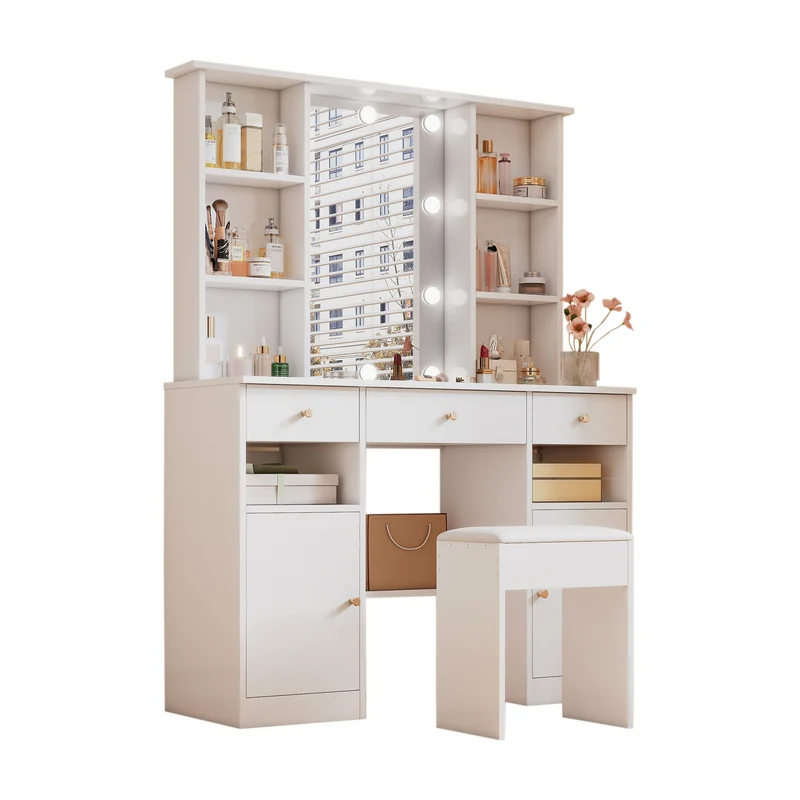 Coiffeuse blanc éclairage LED avec miroir et tabouret, 3 tiroirs, 2 portes 110x40x151cm VIGOURLN