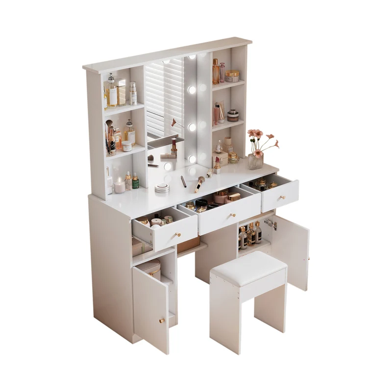 Coiffeuse blanc éclairage LED avec miroir et tabouret, 3 tiroirs, 2 portes 110x40x151cm VIGOURLN