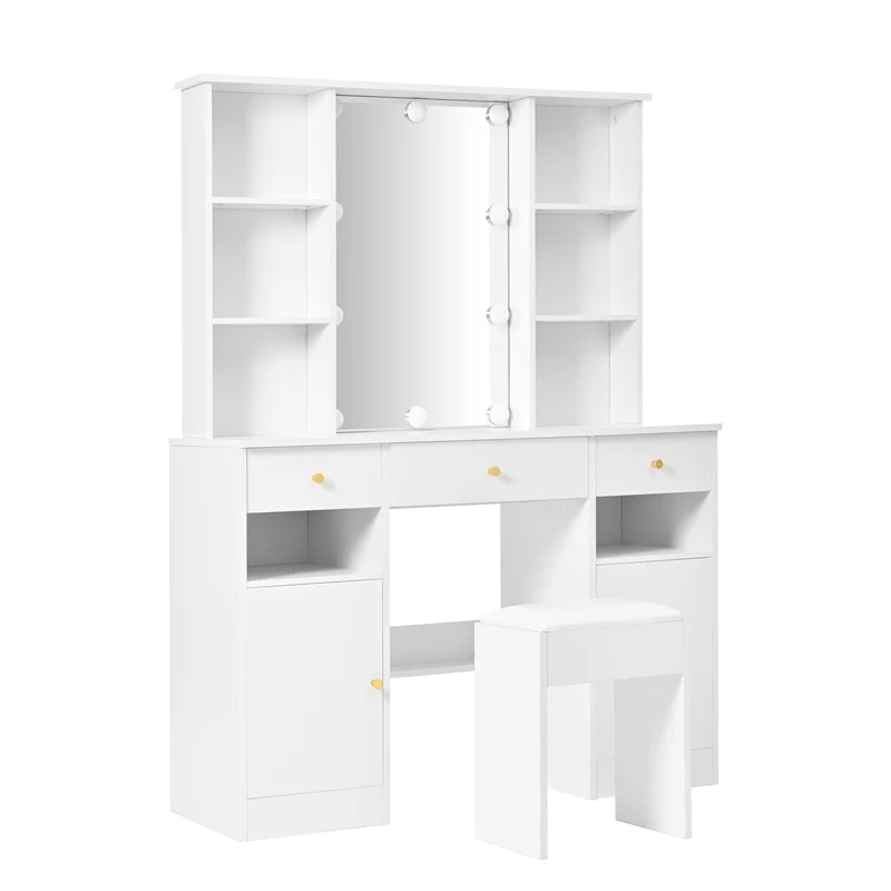 Coiffeuse blanc éclairage LED avec miroir et tabouret, 3 tiroirs, 2 portes 110x40x151cm VIGOURLN