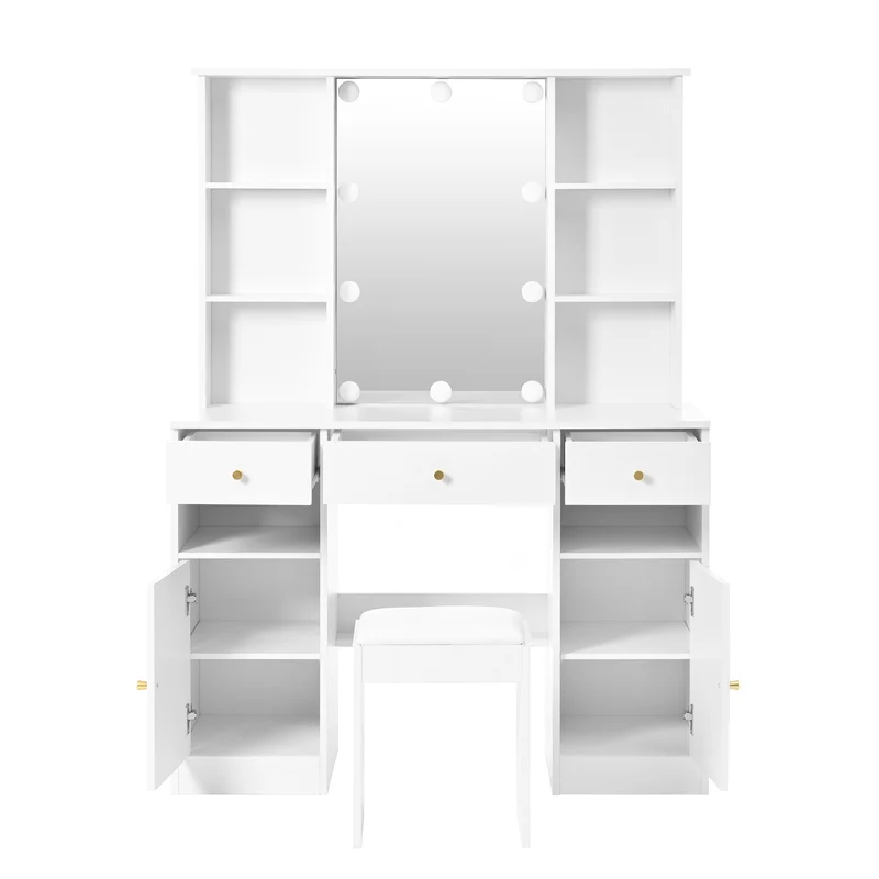 Coiffeuse blanc éclairage LED avec miroir et tabouret, 3 tiroirs, 2 portes 110x40x151cm VIGOURLN