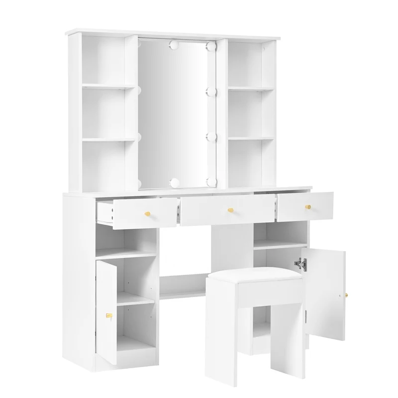 Coiffeuse blanc éclairage LED avec miroir et tabouret, 3 tiroirs, 2 portes 110x40x151cm VIGOURLN