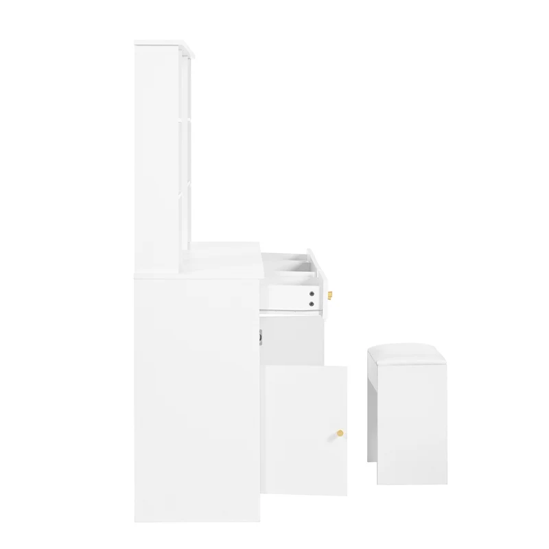 Coiffeuse blanc éclairage LED avec miroir et tabouret, 3 tiroirs, 2 portes 110x40x151cm VIGOURLN