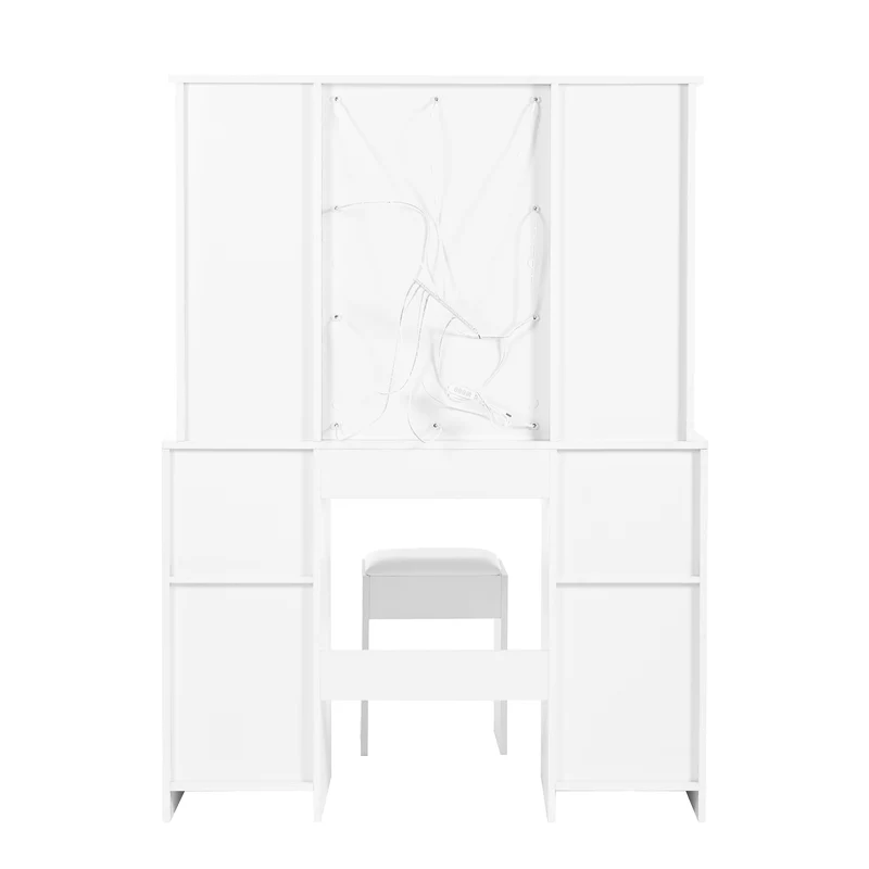 Coiffeuse blanc éclairage LED avec miroir et tabouret, 3 tiroirs, 2 portes 110x40x151cm VIGOURLN