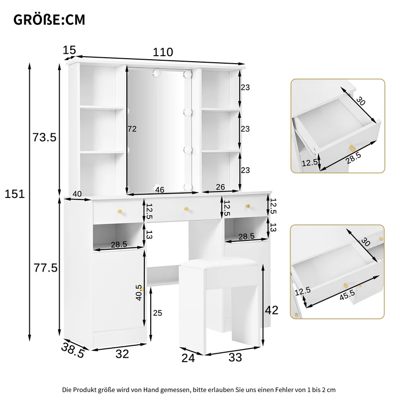 Coiffeuse blanc éclairage LED avec miroir et tabouret, 3 tiroirs, 2 portes 110x40x151cm VIGOURLN