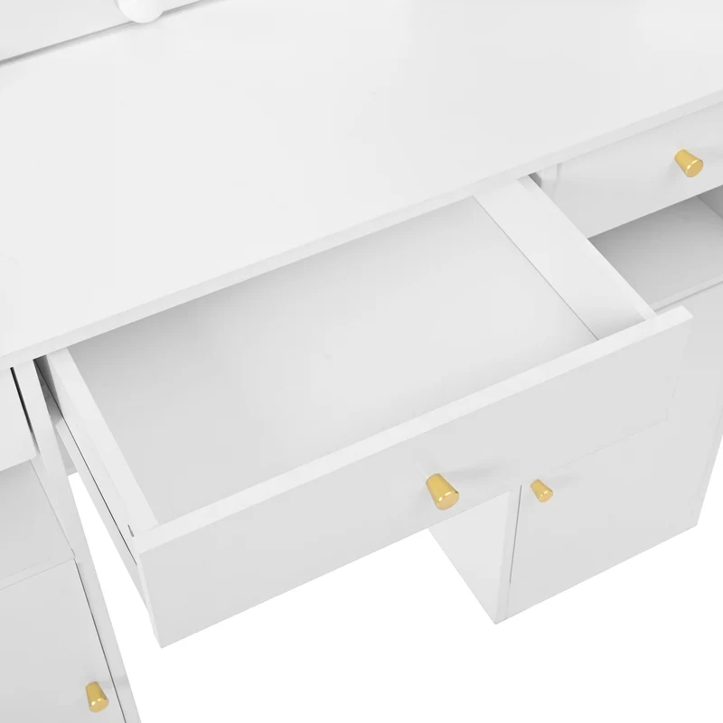 Coiffeuse blanc éclairage LED avec miroir et tabouret, 3 tiroirs, 2 portes 110x40x151cm VIGOURLN