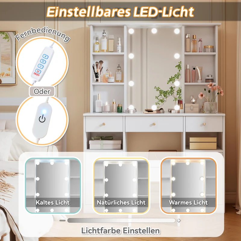 Coiffeuse blanc éclairage LED avec miroir et tabouret, 3 tiroirs, 2 portes 110x40x151cm VIGOURLN