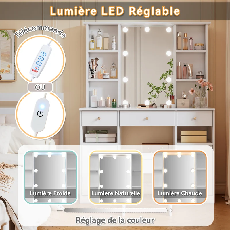 Coiffeuse blanc éclairage LED avec miroir et tabouret, 3 tiroirs, 2 portes 110x40x151cm VIGOURLN