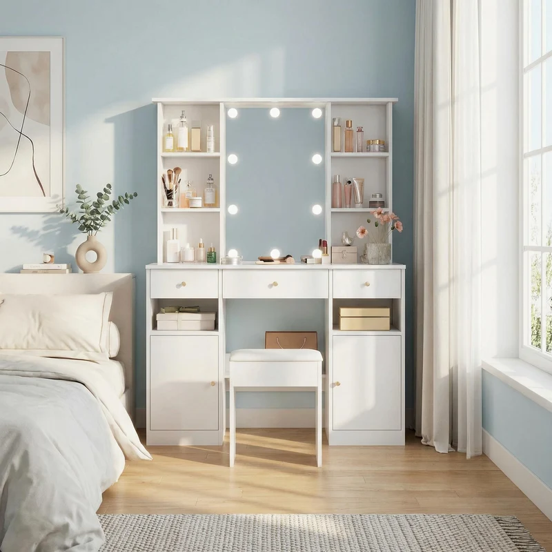 Coiffeuse blanc éclairage LED avec miroir et tabouret, 3 tiroirs, 2 portes 110x40x151cm VIGOURLN