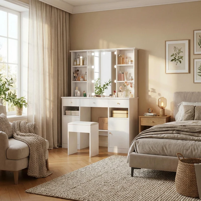 Coiffeuse blanc éclairage LED avec miroir et tabouret, 3 tiroirs, 2 portes 110x40x151cm VIGOURLN