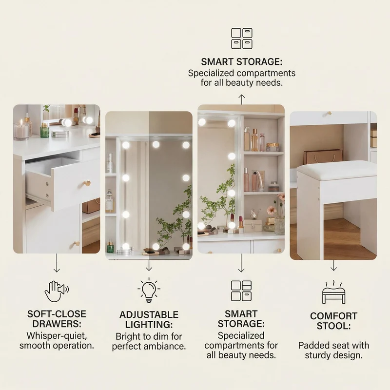 Coiffeuse blanc éclairage LED avec miroir et tabouret, 3 tiroirs, 2 portes 110x40x151cm VIGOURLN