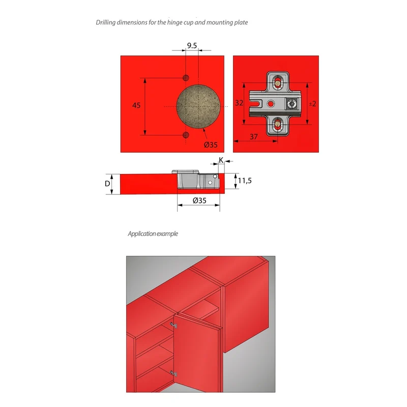 Charnière fermeture silencieuse, H0 plaque de montage avec vis EURO, portes double