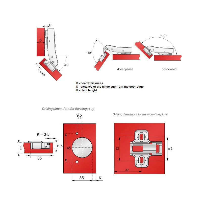 +45º Charnière fermeture silencieuse, H2 plaque de montage avec vis EURO, portes d'angle