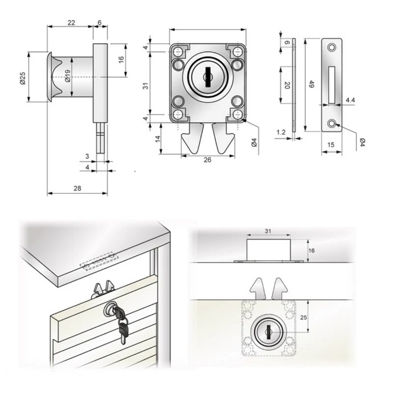 Verrou Carré pour Stores 19x22mm, Chrome
