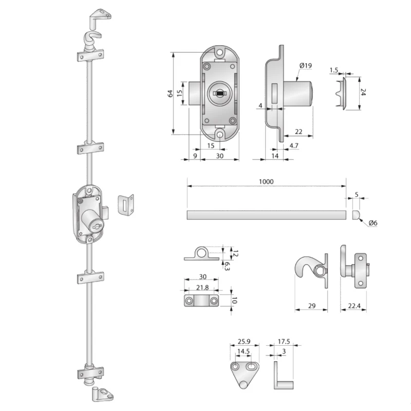 Serrure à barre rotative 19x22mm, 2 barres L-1000mm, Nickel