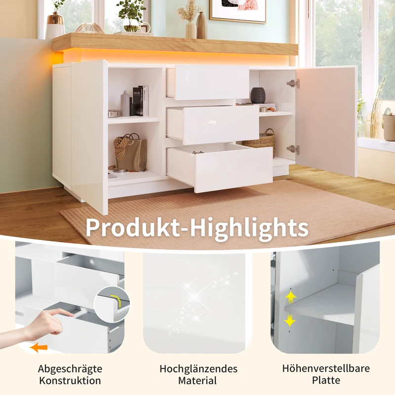 Buffet moderne blanc brillant avec éclairage LED réglable, 2 portes et 3 tiroirs COENOSTEUM