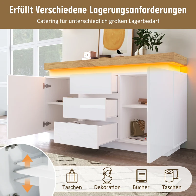 Buffet moderne blanc brillant avec éclairage LED réglable, 2 portes et 3 tiroirs COENOSTEUM