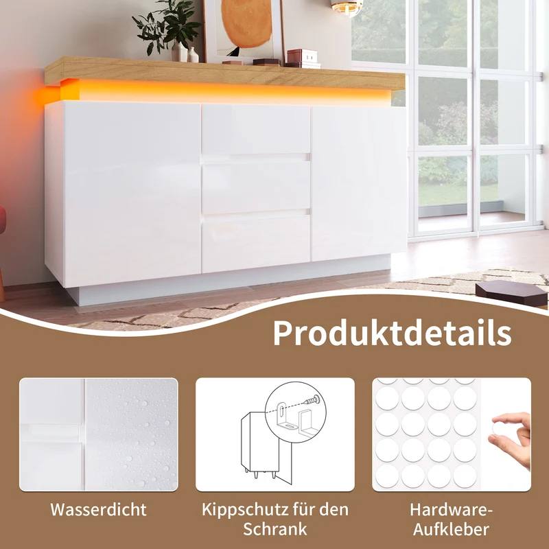 Buffet moderne blanc brillant avec éclairage LED réglable, 2 portes et 3 tiroirs COENOSTEUM
