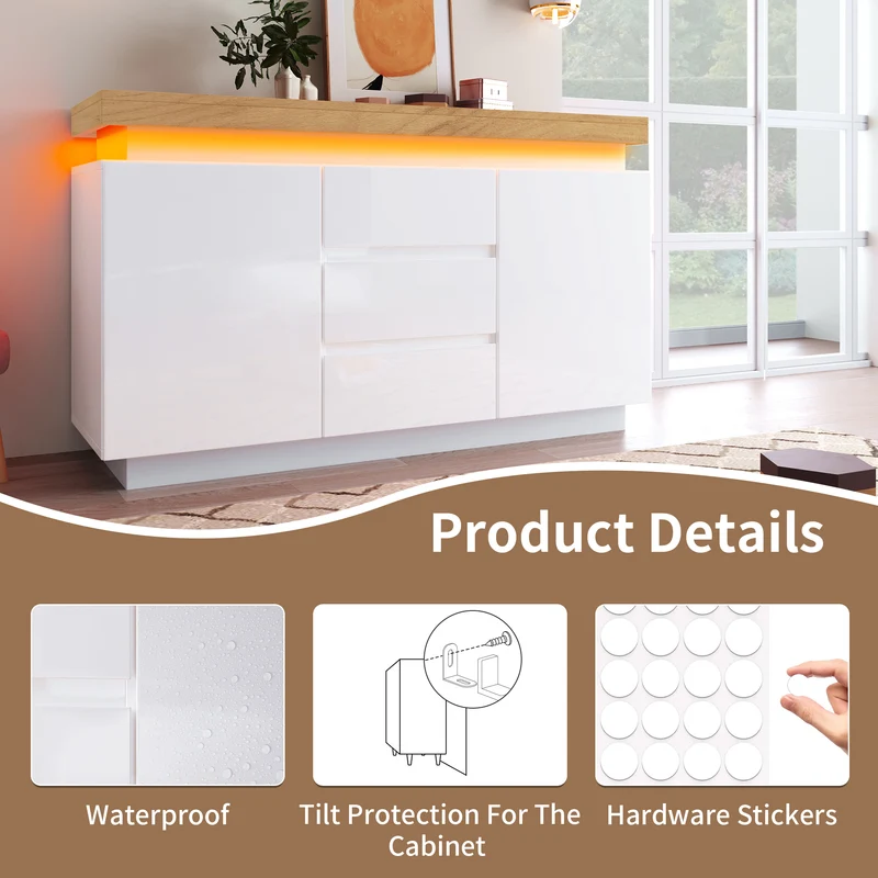 Buffet moderne blanc brillant avec éclairage LED réglable, 2 portes et 3 tiroirs COENOSTEUM