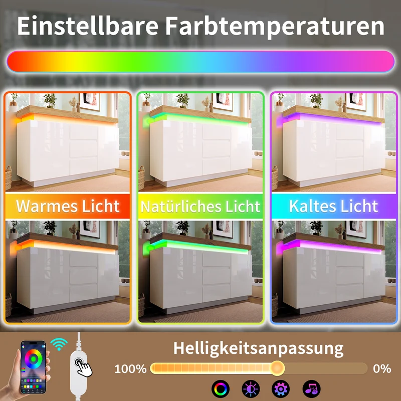 Buffet moderne blanc brillant avec éclairage LED réglable, 2 portes et 3 tiroirs COENOSTEUM