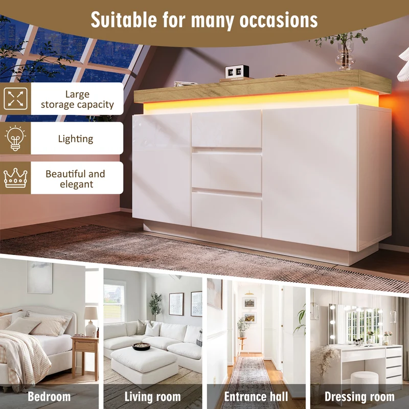 Buffet moderne blanc brillant avec éclairage LED réglable, 2 portes et 3 tiroirs COENOSTEUM