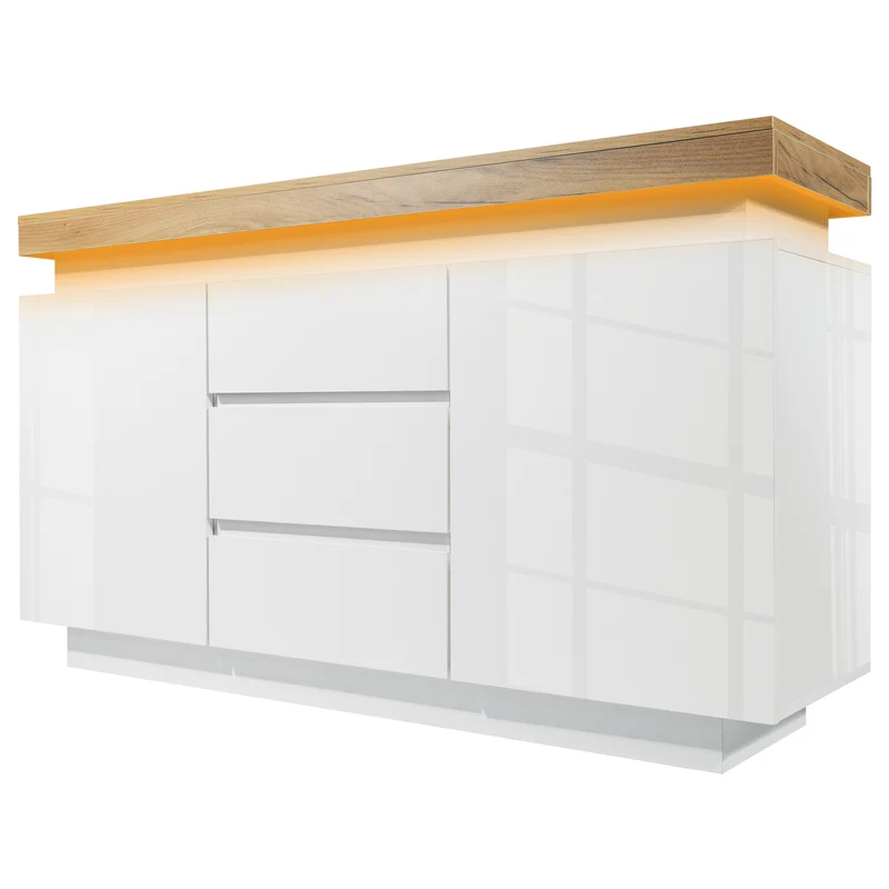 Buffet moderne blanc brillant avec éclairage LED réglable, 2 portes et 3 tiroirs COENOSTEUM