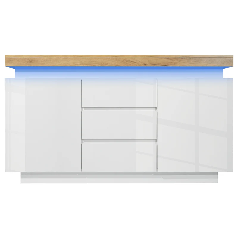 Buffet moderne blanc brillant avec éclairage LED réglable, 2 portes et 3 tiroirs COENOSTEUM
