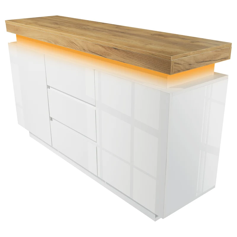 Buffet moderne blanc brillant avec éclairage LED réglable, 2 portes et 3 tiroirs COENOSTEUM